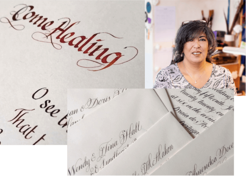 photomontage of Jagdeep Sahans, with two examples of the art the of calligraphy. One image is a close up of the title Come Healing and the other is a photograph of bespoke wedding invitations. 