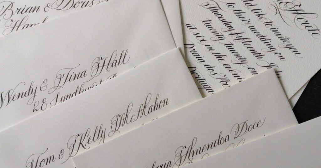 Hand written wedding invitations and envelopes. Using Copperplate Script Style and Sepia Brown Ink on Ivory Paper. Calligrapher, Jagdeep Sahans