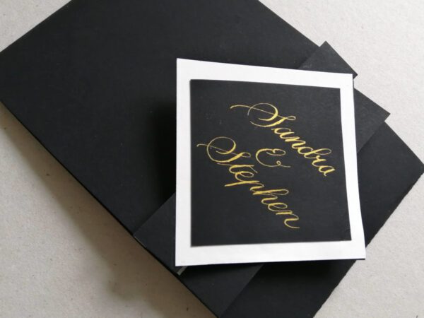 Bespoke Paper Gift. Wedding Gift. Inscribed in Gold Ink the name of the couple Sandra and Stephen. Calligrapher, Jagdeep Sahans