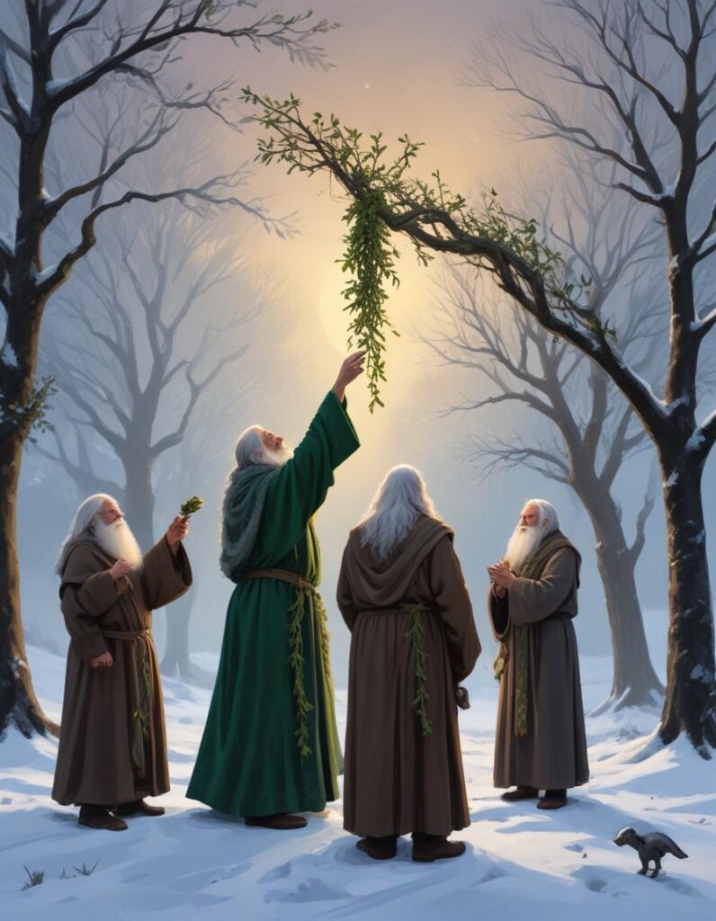 AI generated image showing 4 druid priests collecting mistletoe. Scribing Journeys. Episode 9. Unwrapping the Winter Solstice.