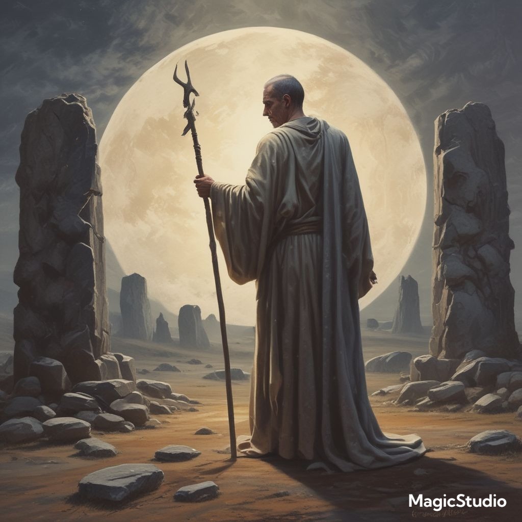 AI generate image for Ep.8 of a druid holding a staff standing an ancient landscape.  