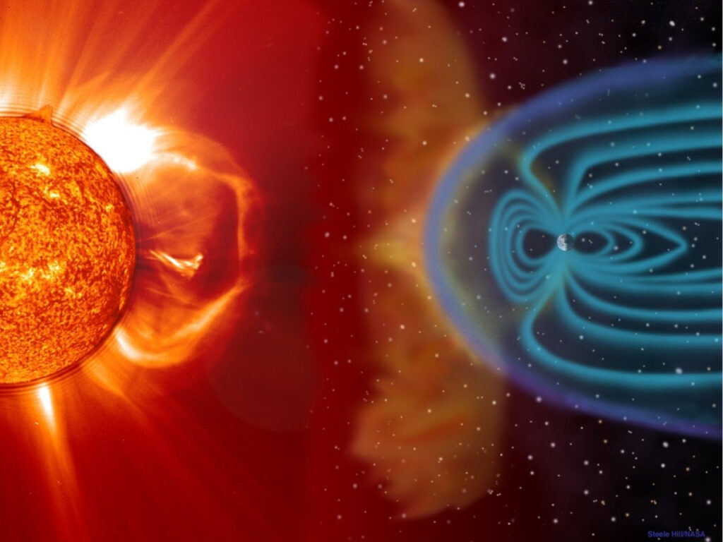 This illustration shows a CME blasting off the Sun's surface in the direction of Earth. The left portion is composed of an EIT 304 image superimposed on a LASCO C2 coronagraph image. Two to four days later, the CME cloud is shown striking and beginning to be mostly deflected around the Earth's magnetosphere. The blue paths emanating from the Earth's poles represent some of its magnetic field lines. The magnetic cloud of plasma can extend to 45 million km wide by the time it reaches Earth. These storms, which occur frequently, can disrupt communications and navigational equipment, damage satellites, and even cause blackouts.

(Objects in the illustration are not drawn to scale