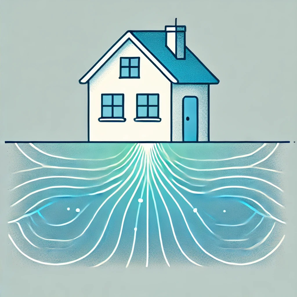 By DALL·E 2025-02-20 19.11.35 - A simple illustration of a house with glowing earth energy lines flowing underneath it, representing underground water and magnetic fields for Ep 13 |Scribing Journeys | Part 2: The Art of Dowsing 