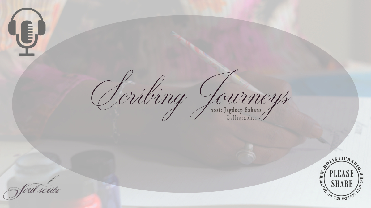 Cover art for the Scribing Journeys podcast, highlighting a microphone and creative designs that evoke storytelling.