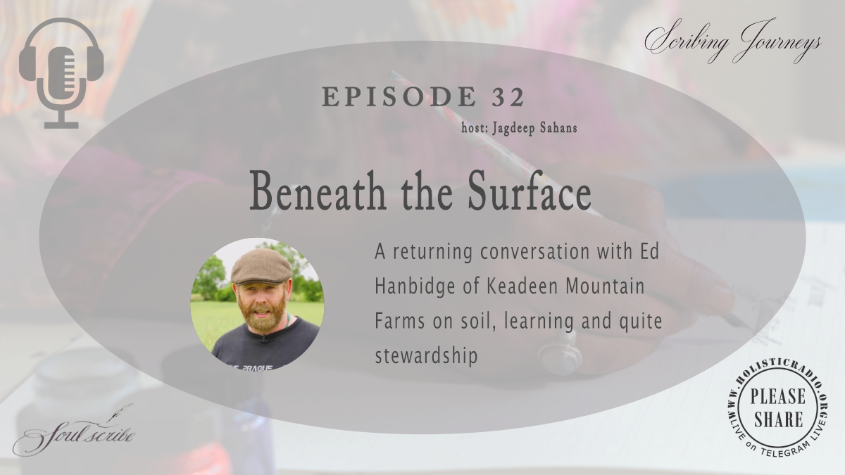 Podcast episode 32 cover featuring guest Ed Hanbidge of Keadeen Mountain Farms, discussing soil, learning, and stewardship with host Jagdeep Sahans.