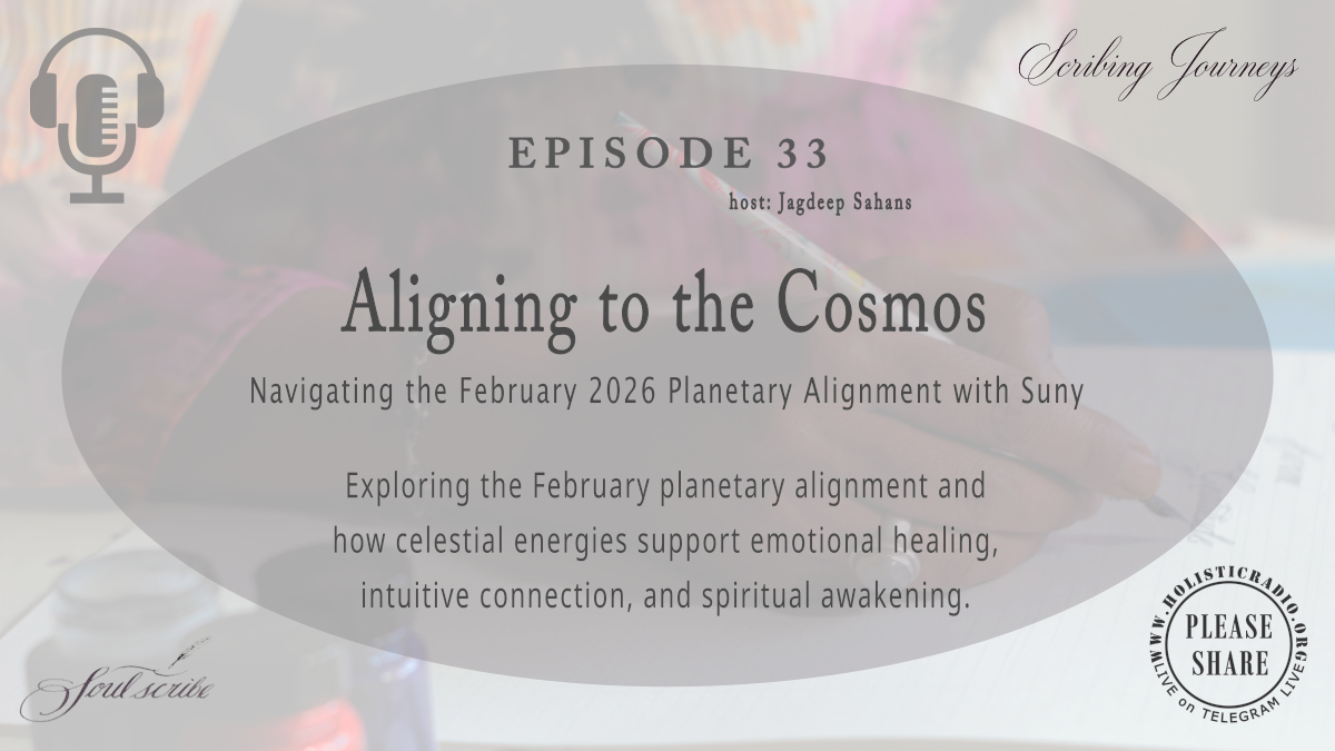 Podcast episode promo image titled "Aligning to the Cosmos," discussing the February 2026 planetary alignment and its effects on healing, intuition, and spiritual awakening.