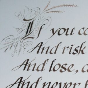 Close-up of ornate calligraphy reading “If you can” and “And risk,” decorated with a delicate floral flourish.