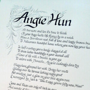 Decorative calligraphy page titled “Angie Hun,” featuring a poetic birthday tribute framed by ornate floral flourishes.