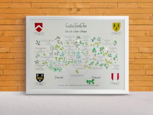 Hand-drawn family tree showing names, marriages, and colourful leafy branches with berries.