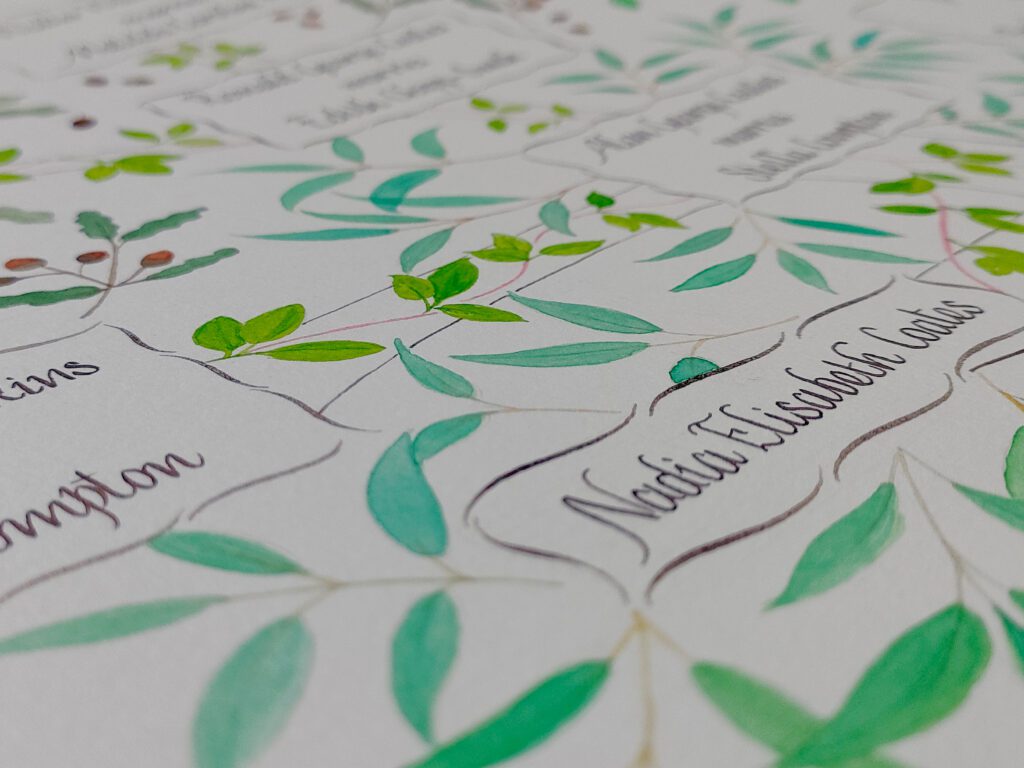 Hand-drawn family tree with handwritten marriage names, connected by colourful watercolour branches, leaves, and berries.