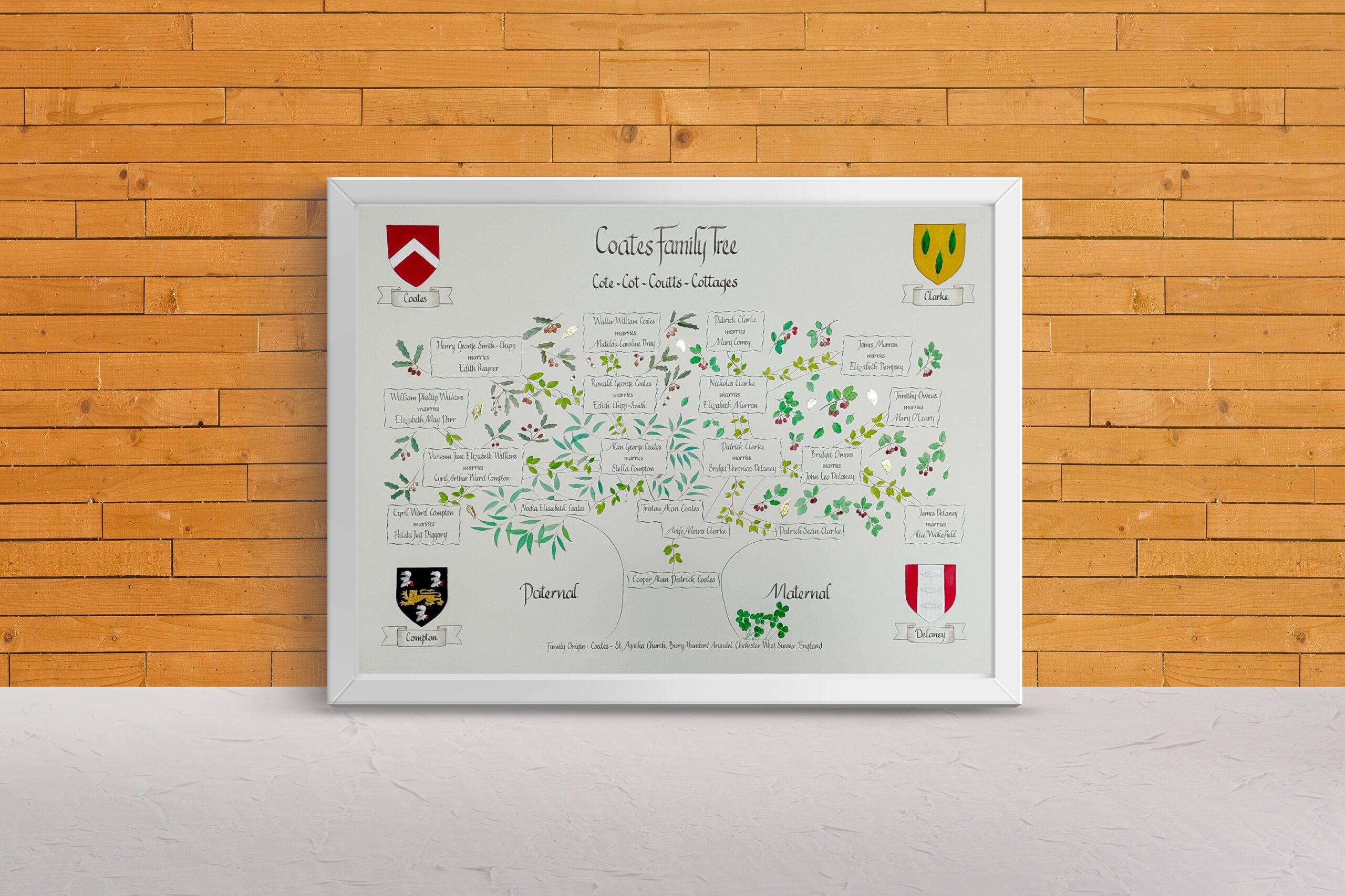 Hand-drawn Coates family tree with four painted coats of arms and botanical branches representing ancestral countries. Calligraphy by Jagdeep Sahans