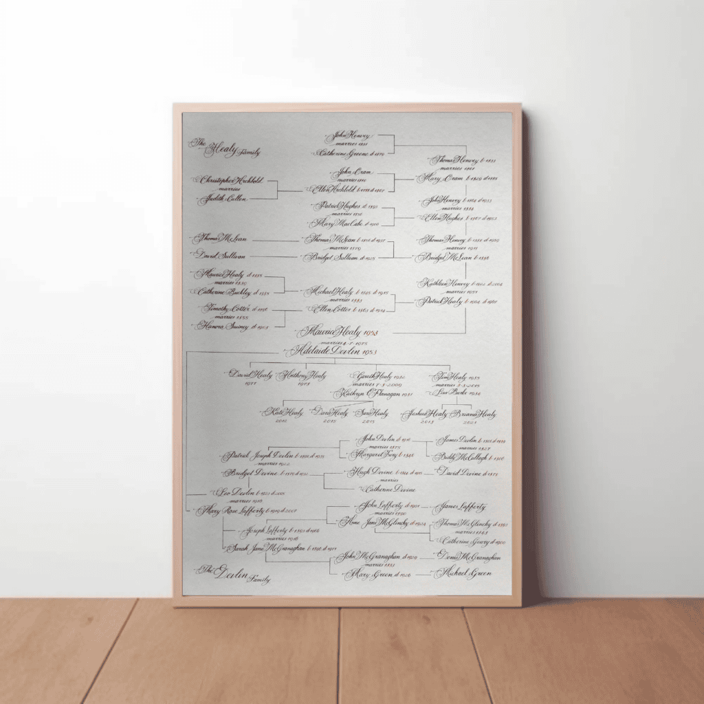 Framed handwritten genealogy chart detailing the Healy and Devlin family trees.